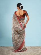 Nandi Tussar Madhubani Print Saree-Red Border