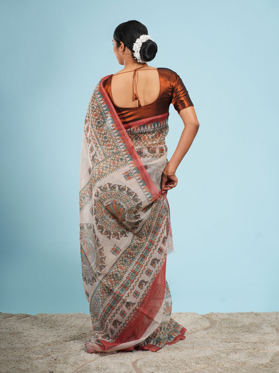 Cream Tussar silk Madhubani-print saree, Madhubani motif close-up – Koshnika