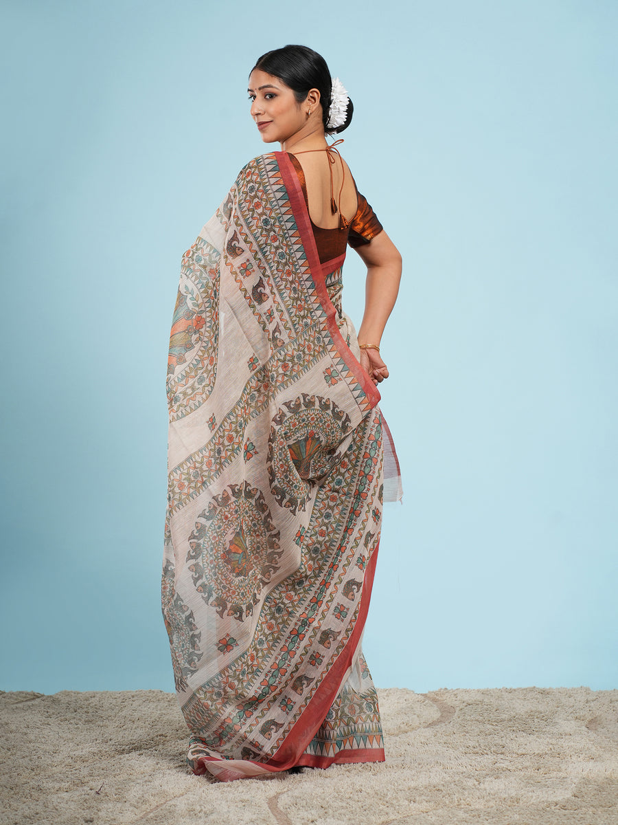 Cream Tussar silk Madhubani-print saree, full-length drape – Koshnika