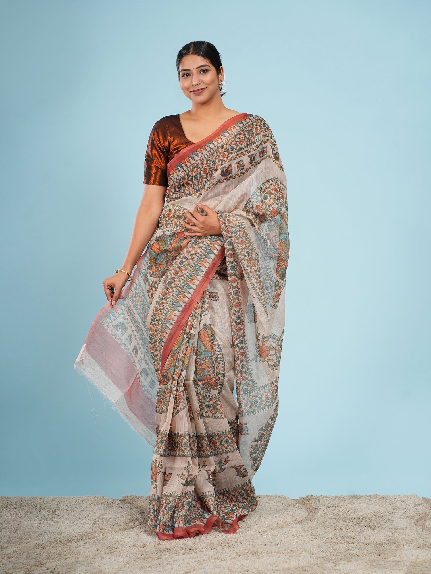 Nandi Tussar Madhubani Print Saree-Red Border