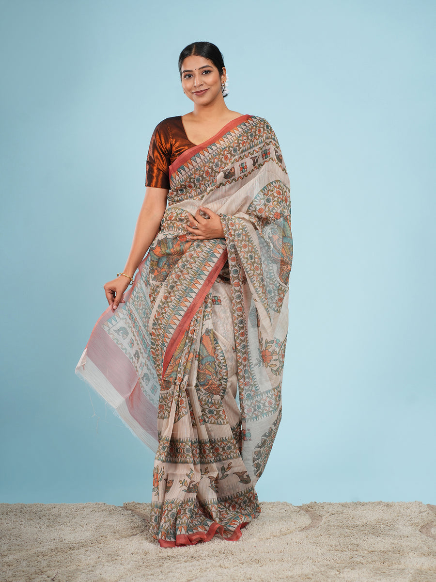 Cream Tussar silk Madhubani-print saree, fabric texture close-up – Koshnika