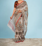 Nandi Tussar Madhubani Print Saree-Red Border