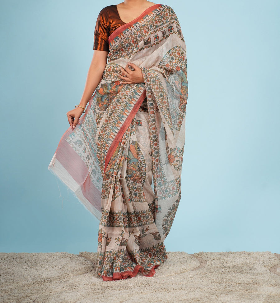 Cream Tussar silk Madhubani-print saree, pallu detail – Koshnika
