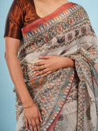 Nandi Tussar Madhubani Print Saree-Red Border