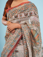 Nandi Tussar Madhubani Print Saree-Red Border