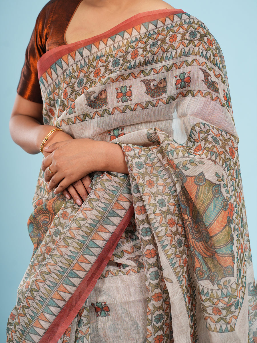 Cream Tussar silk Madhubani-print saree, back view – Koshnika