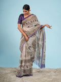 Anvaya Tussar Madhubani Saree Beige Purple
