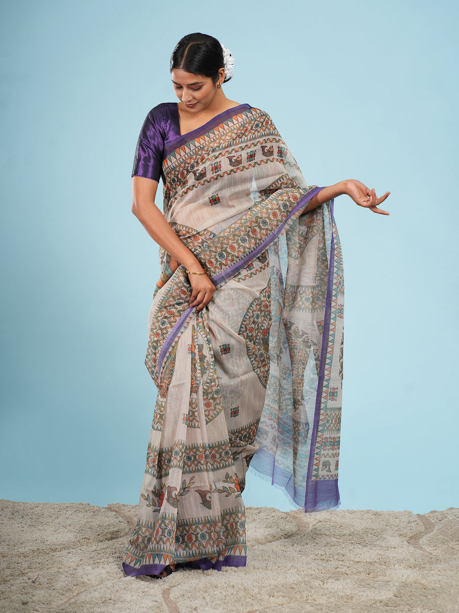 Anvaya beige and purple Tussar silk Madhubani-print saree – Koshnika