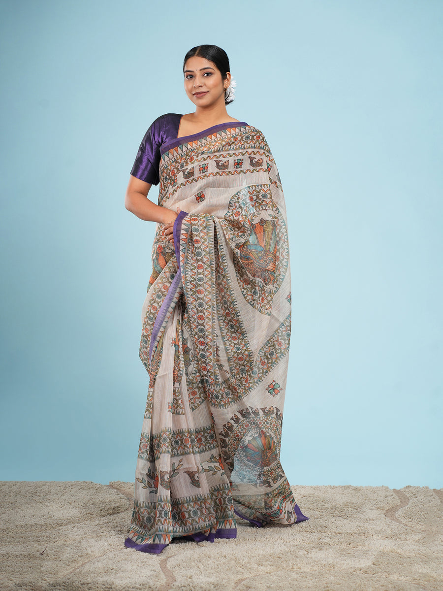 Anvaya Tussar silk saree, purple Madhubani border detail – Koshnika
