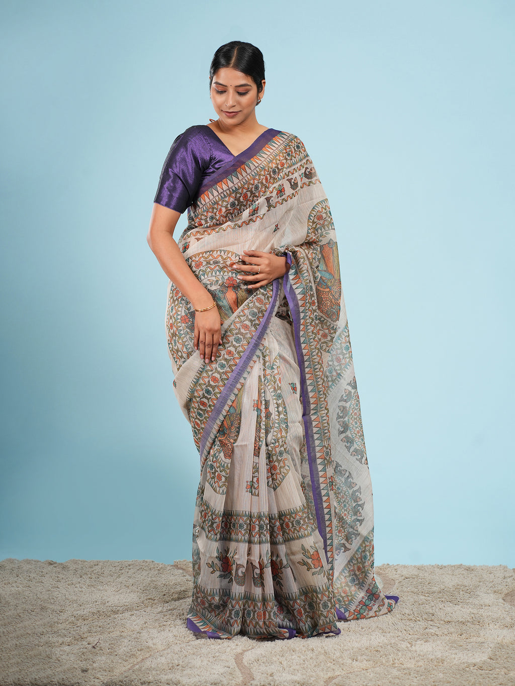 Anvaya Tussar Madhubani Saree Beige Purple