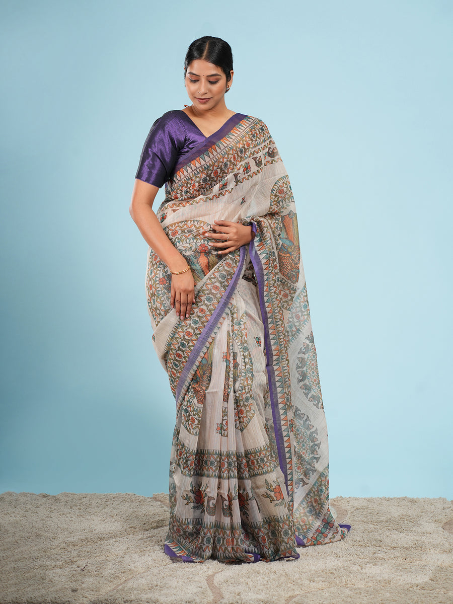 Beige Tussar Madhubani saree drape and fall – Koshnika