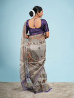 Anvaya Tussar Madhubani Saree Beige Purple