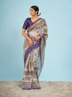 Anvaya Tussar Madhubani Saree Beige Purple
