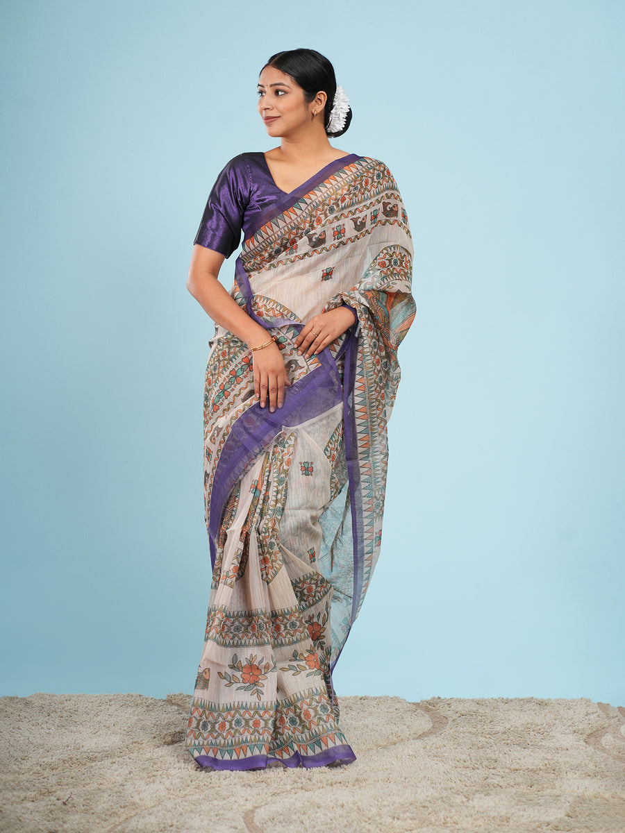 Beige and purple Tussar Madhubani saree, full-length drape – Koshnika
