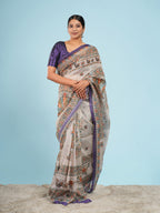 Anvaya Tussar Madhubani Saree Beige Purple