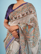 Anvaya Tussar Madhubani Saree Beige Purple