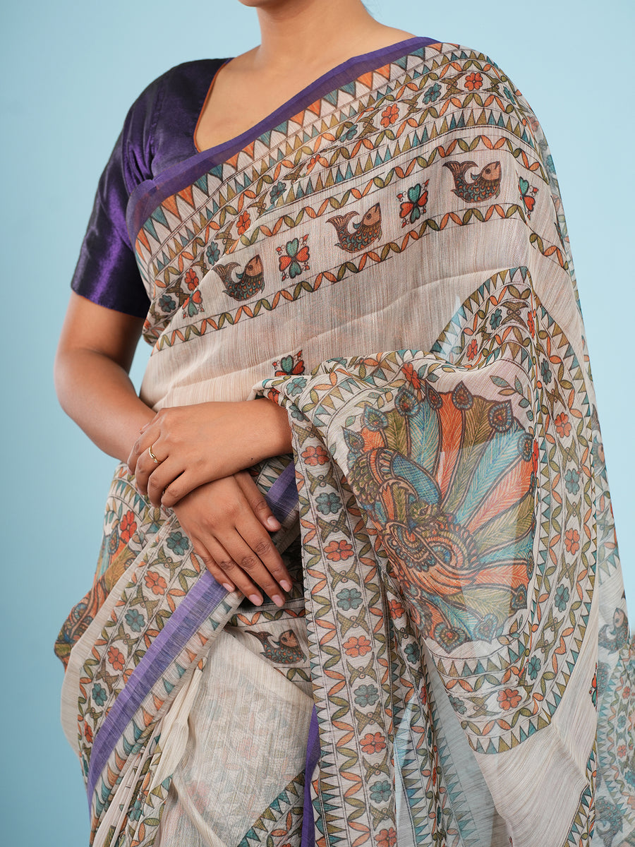 Anvaya beige Tussar Madhubani saree, styled view – Koshnika