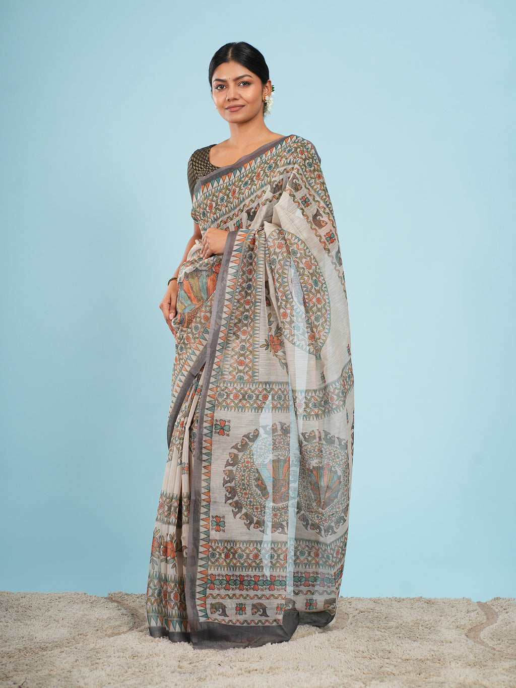 Gaja Tussar Madhubani Print Saree Ivory