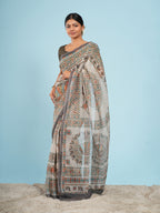 Gaja Tussar Madhubani Print Saree Ivory