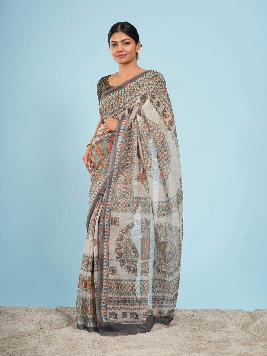 Ivory Tussar silk Madhubani-print saree – Koshnika