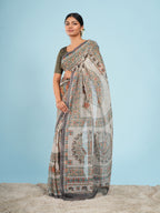 Gaja Tussar Madhubani Print Saree Ivory