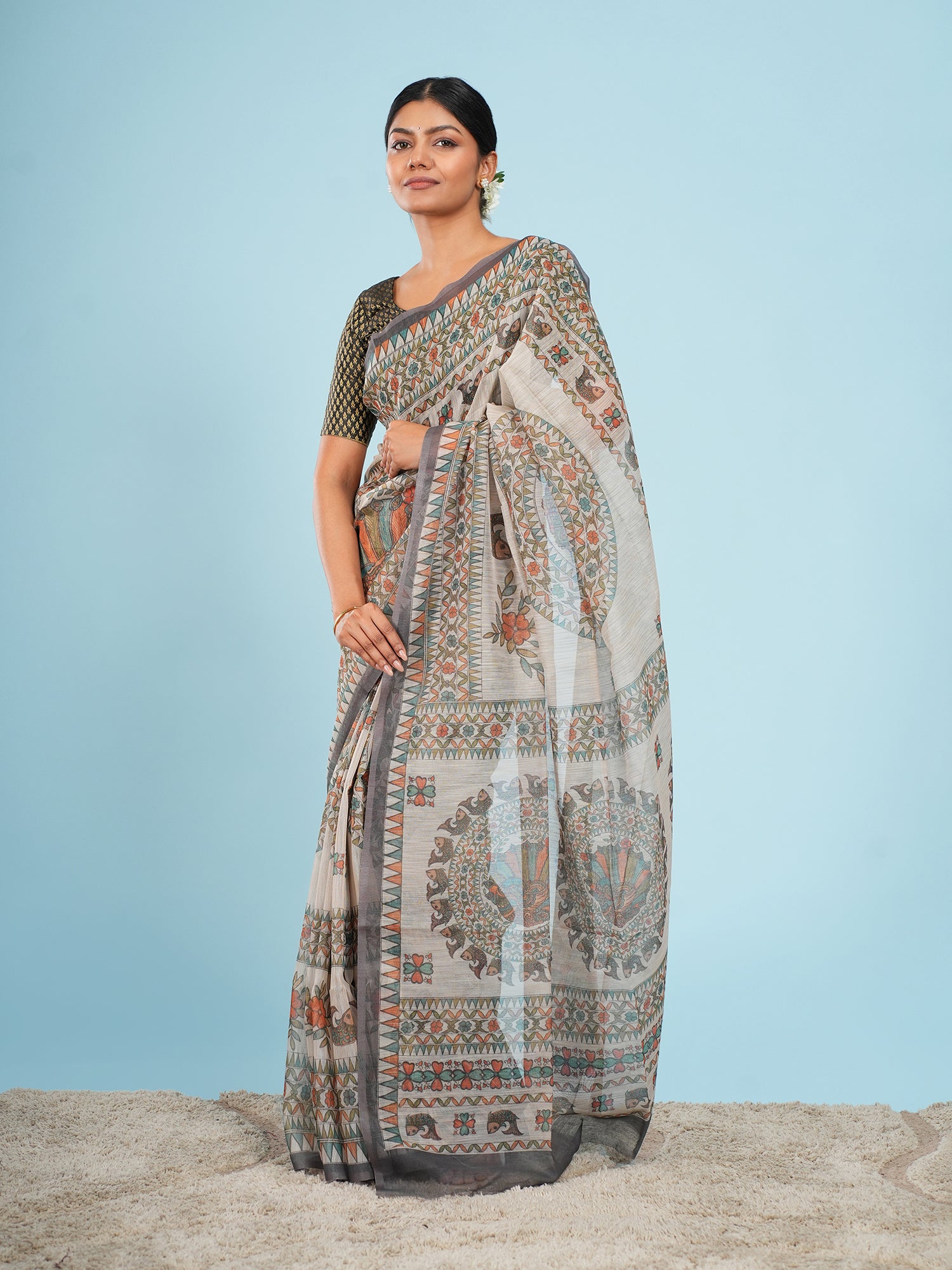 Gaja Tussar Madhubani Print Saree Ivory