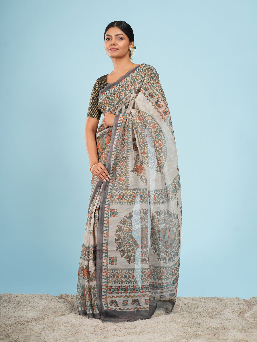 Ivory Tussar silk Madhubani-print saree, border detail – Koshnika