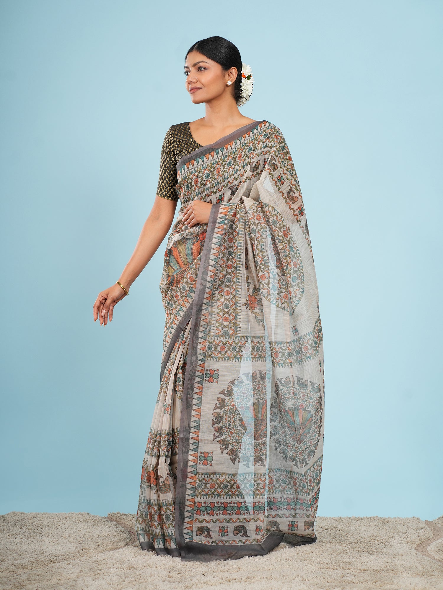Gaja Tussar Madhubani Print Saree Ivory