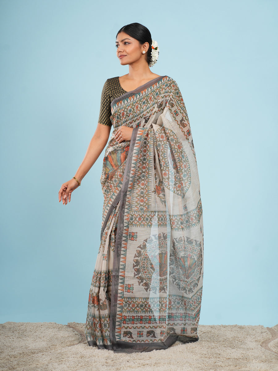 Ivory Tussar silk Madhubani-print saree, drape and fall – Koshnika