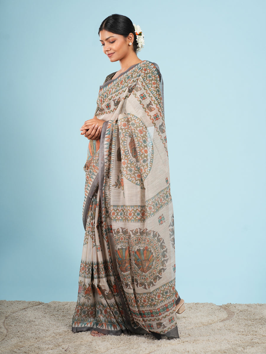 Ivory Tussar silk Madhubani-print saree, Madhubani motif close-up – Koshnika