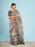 Gaja Tussar Madhubani Print Saree Ivory