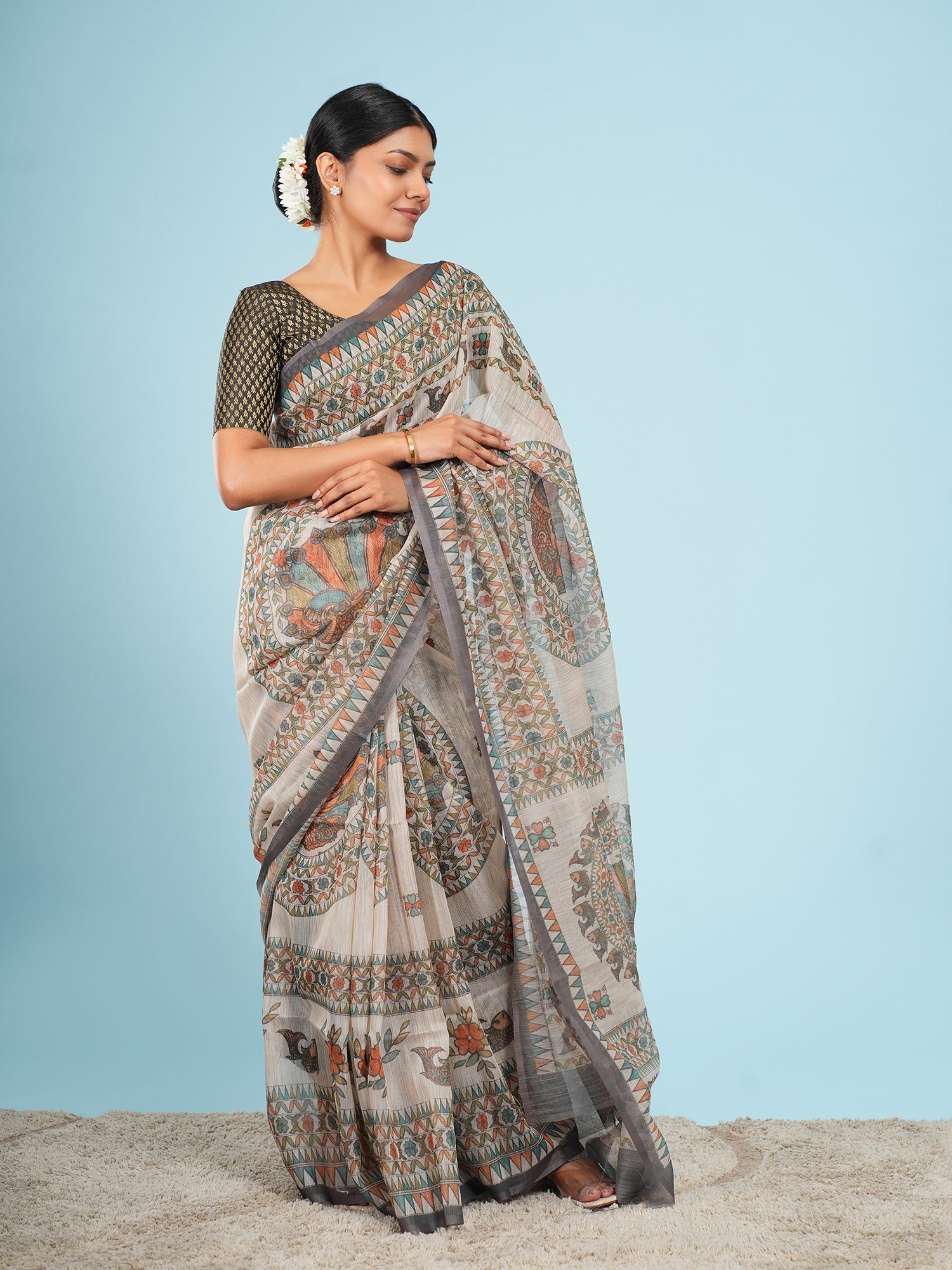 Gaja Tussar Madhubani Print Saree Ivory