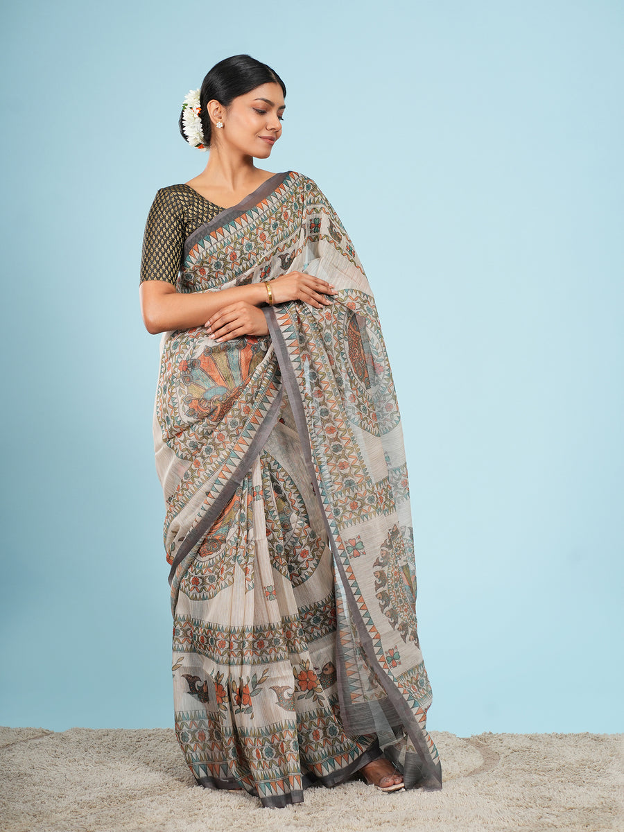 Ivory Tussar silk Madhubani-print saree, full-length drape – Koshnika
