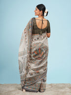 Gaja Tussar Madhubani Print Saree Ivory