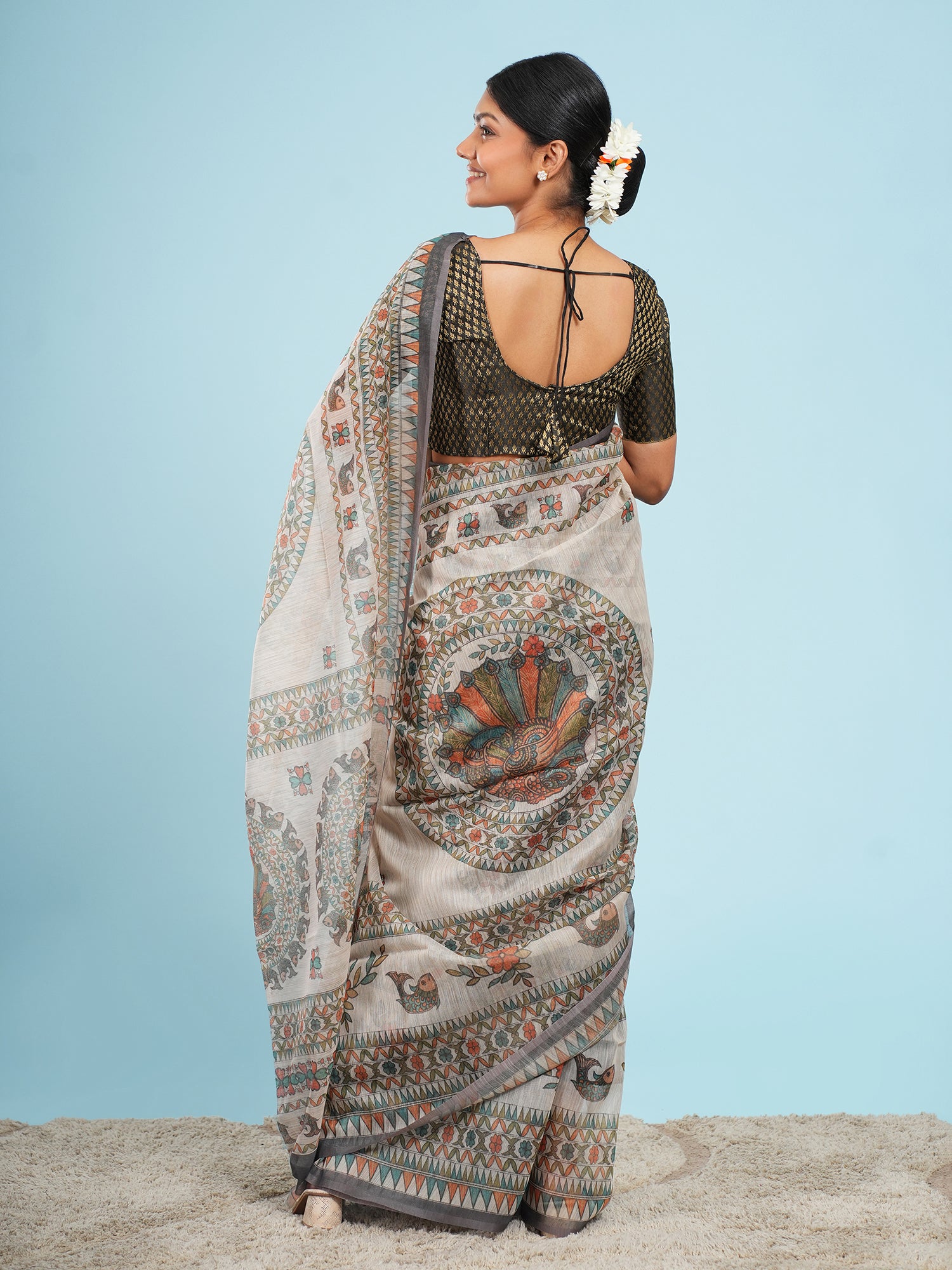 Gaja Tussar Madhubani Print Saree Ivory