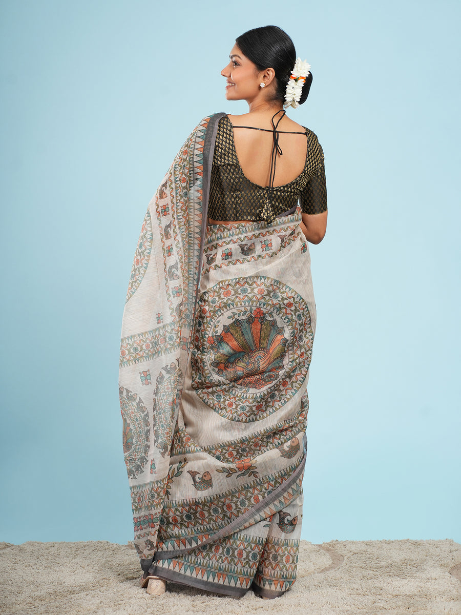 Ivory Tussar silk Madhubani-print saree, pallu detail – Koshnika