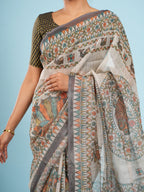 Gaja Tussar Madhubani Print Saree Ivory
