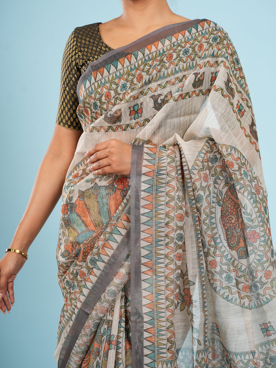 Ivory Tussar silk Madhubani-print saree, fabric texture close-up – Koshnika