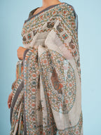 Gaja Tussar Madhubani Print Saree Ivory