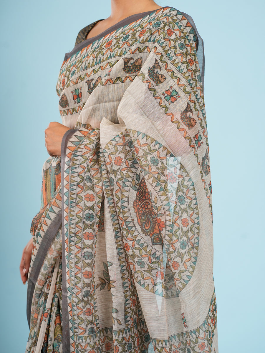 Ivory Tussar silk Madhubani-print saree, styled view – Koshnika