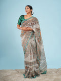 Aranya Tussar Madhubani Print Saree Ivory