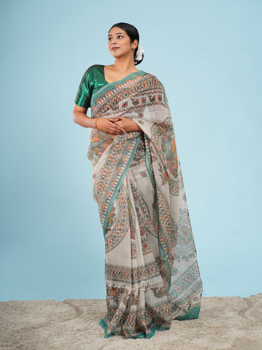 Aranya ivory Tussar silk Madhubani-print saree – Koshnika