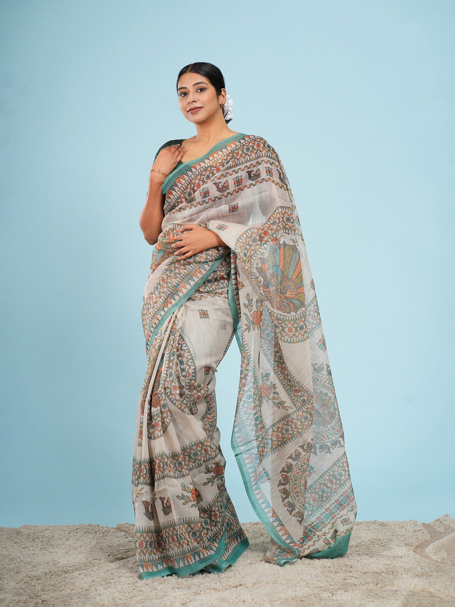 Aranya Tussar saree, forest green Madhubani border detail – Koshnika
