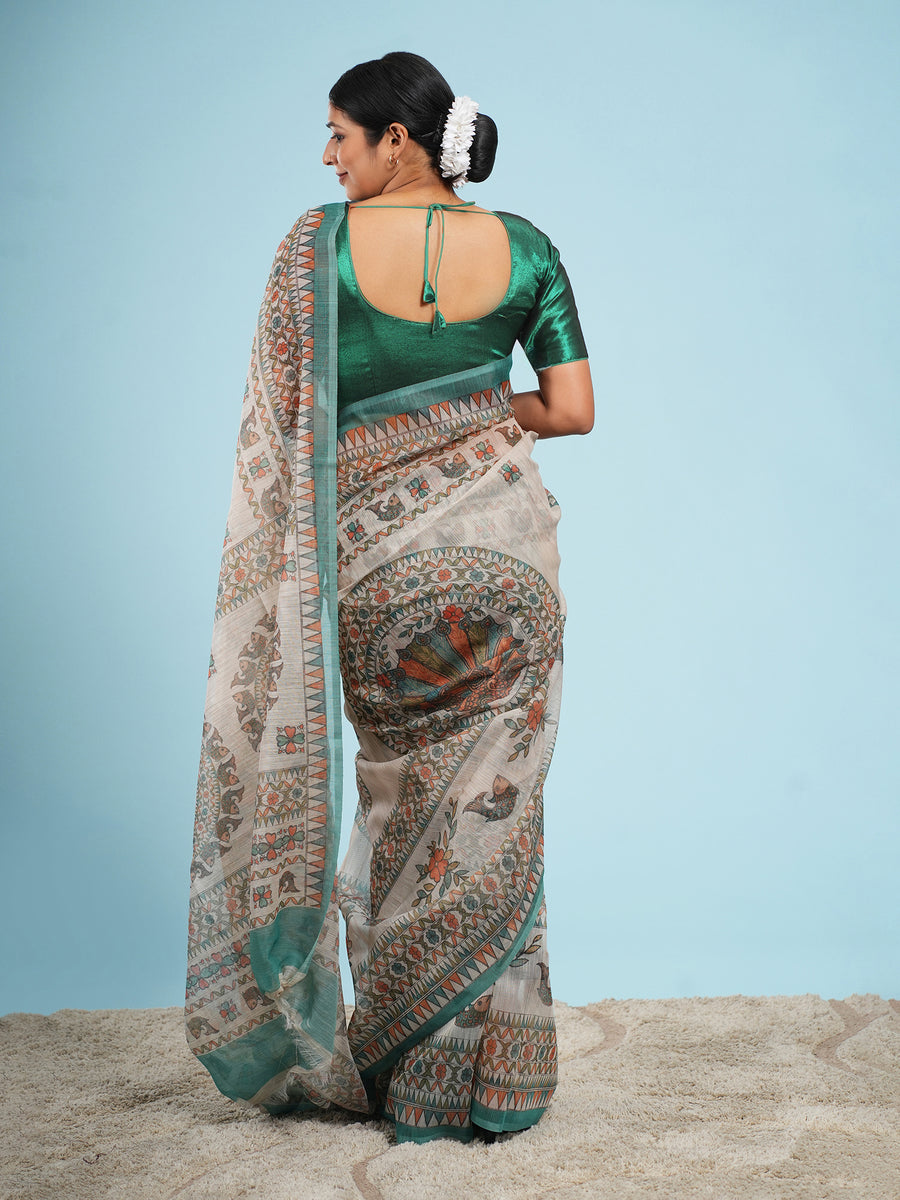 Ivory Tussar Madhubani saree drape and fall – Koshnika