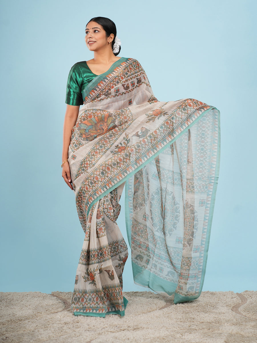 Aranya Tussar saree, peacock and elephant motif close-up – Koshnika
