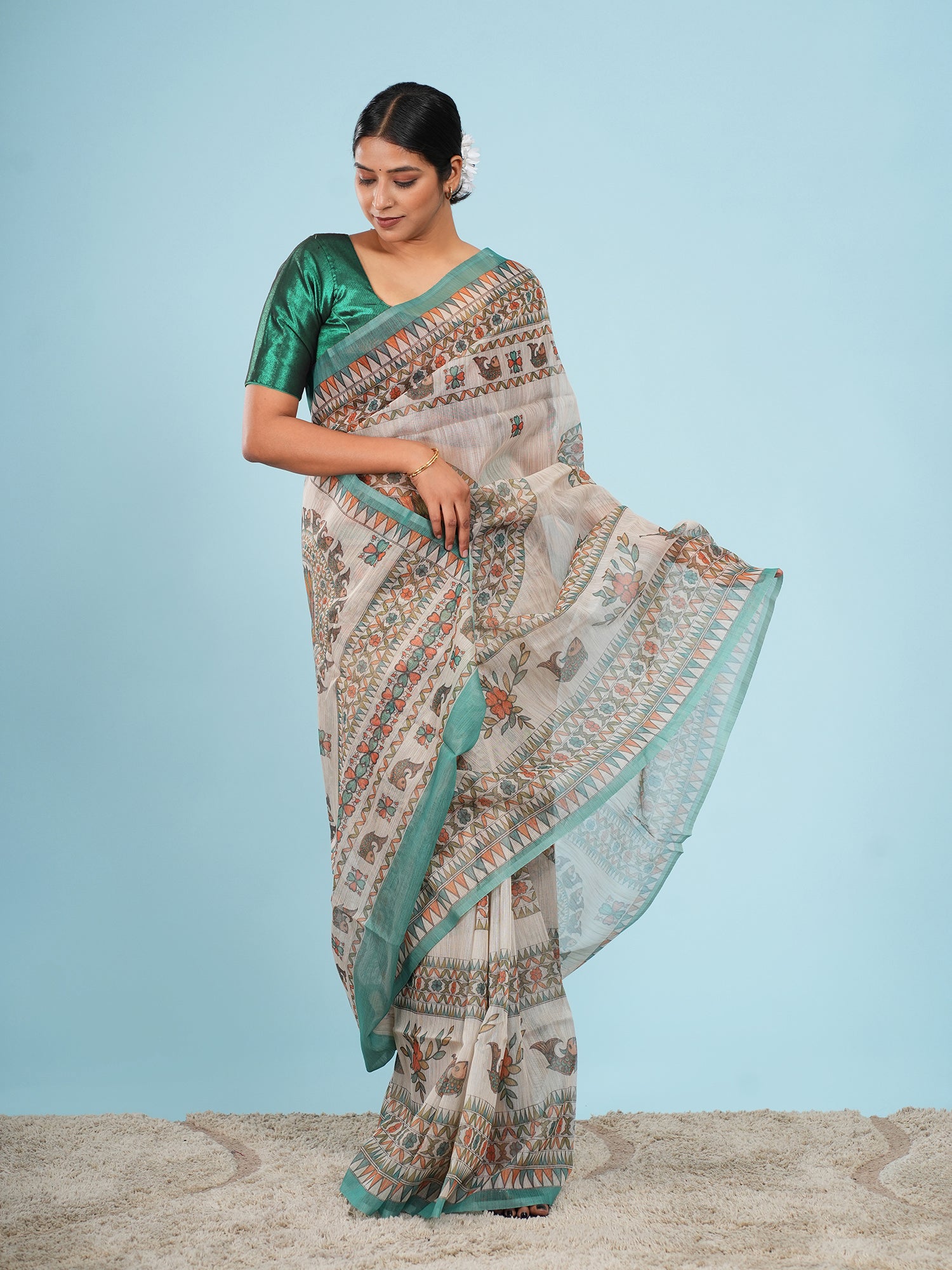 Aranya Tussar Madhubani Print Saree Ivory
