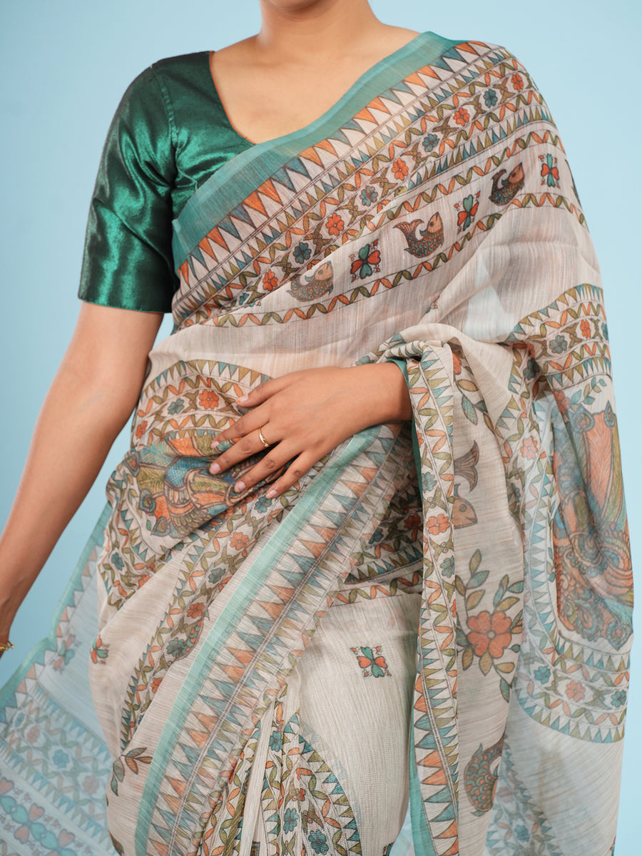 Ivory Tussar silk saree border close-up – Koshnika