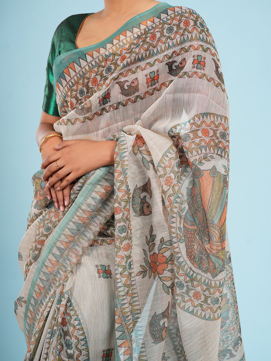 Aranya ivory Tussar Madhubani saree styled view – Koshnika