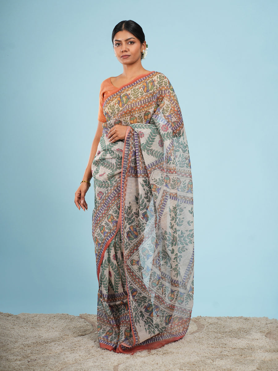Rust Tussar silk Madhubani-print saree – Koshnika