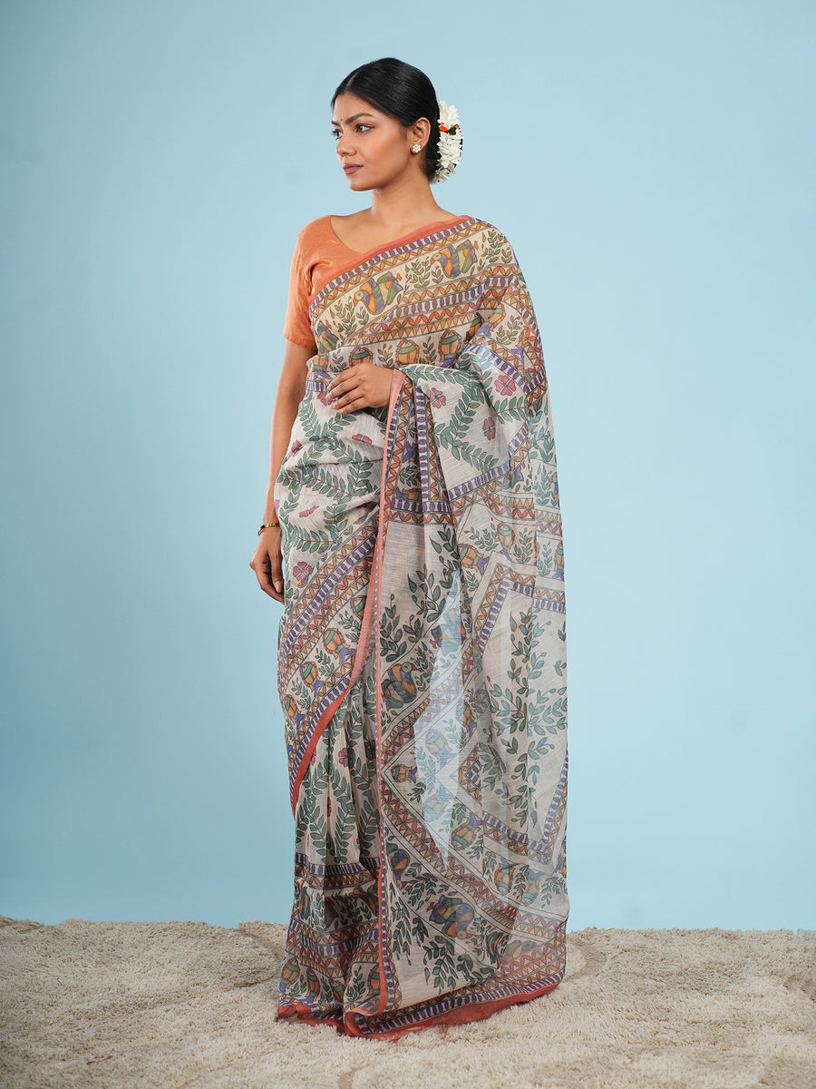 Rust Tussar silk Madhubani-print saree, border detail – Koshnika